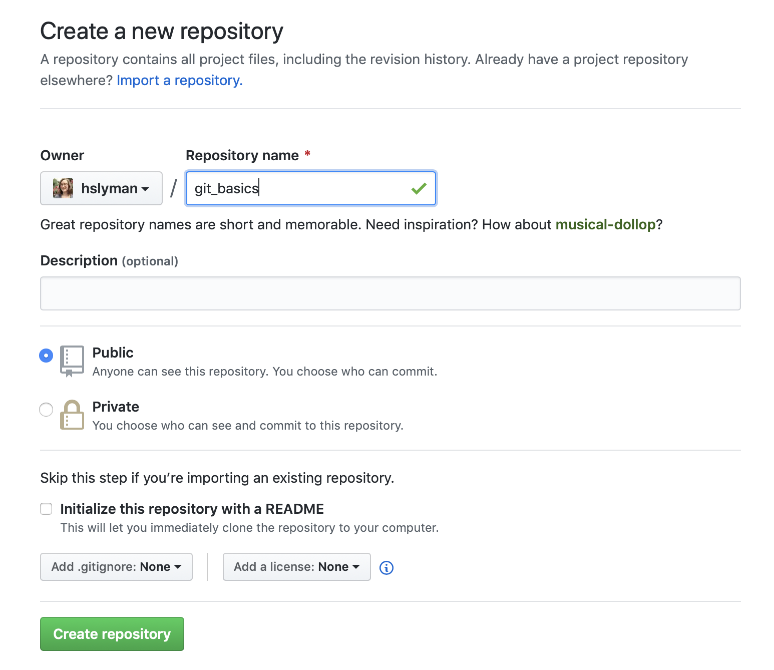 GitHub create new repository screen